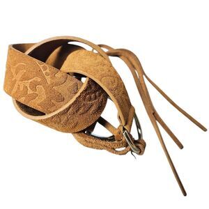 VTG Limited S Embossed Leather Brown Belt Silver Buckle Tie Hippie Festival Boho